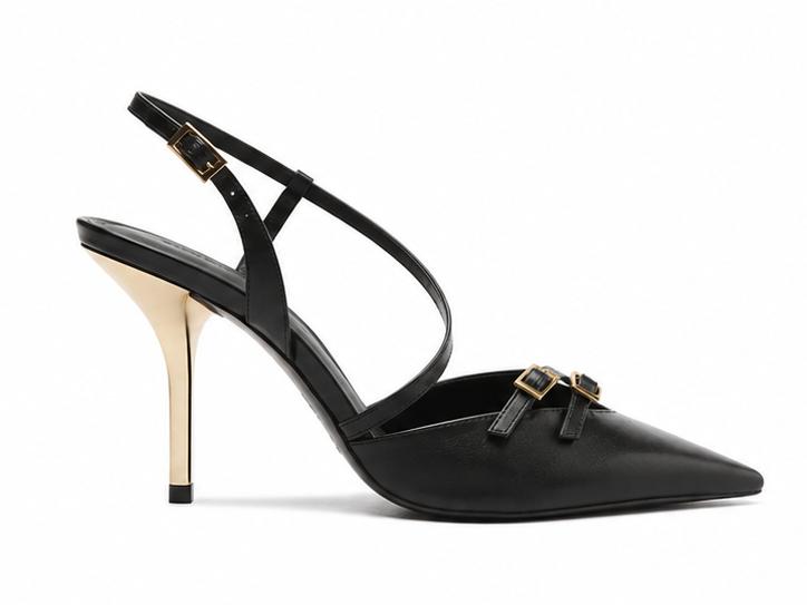 Scarpin Couro Slingback Fivelas Dourado Preto Arezzo