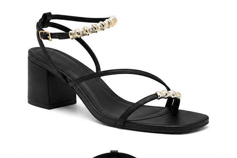 Sandália Couro Tiras Bambu Dourado Preta Arezzo